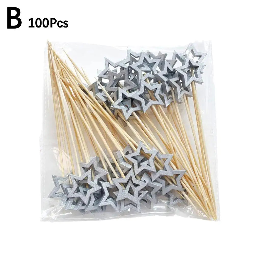 50Pcs Hollow Star Bamboo Skewers Disposable Insert Cocktail Fruit Toothpick Stick Christmas Picks Party Buffet Decor X1J5