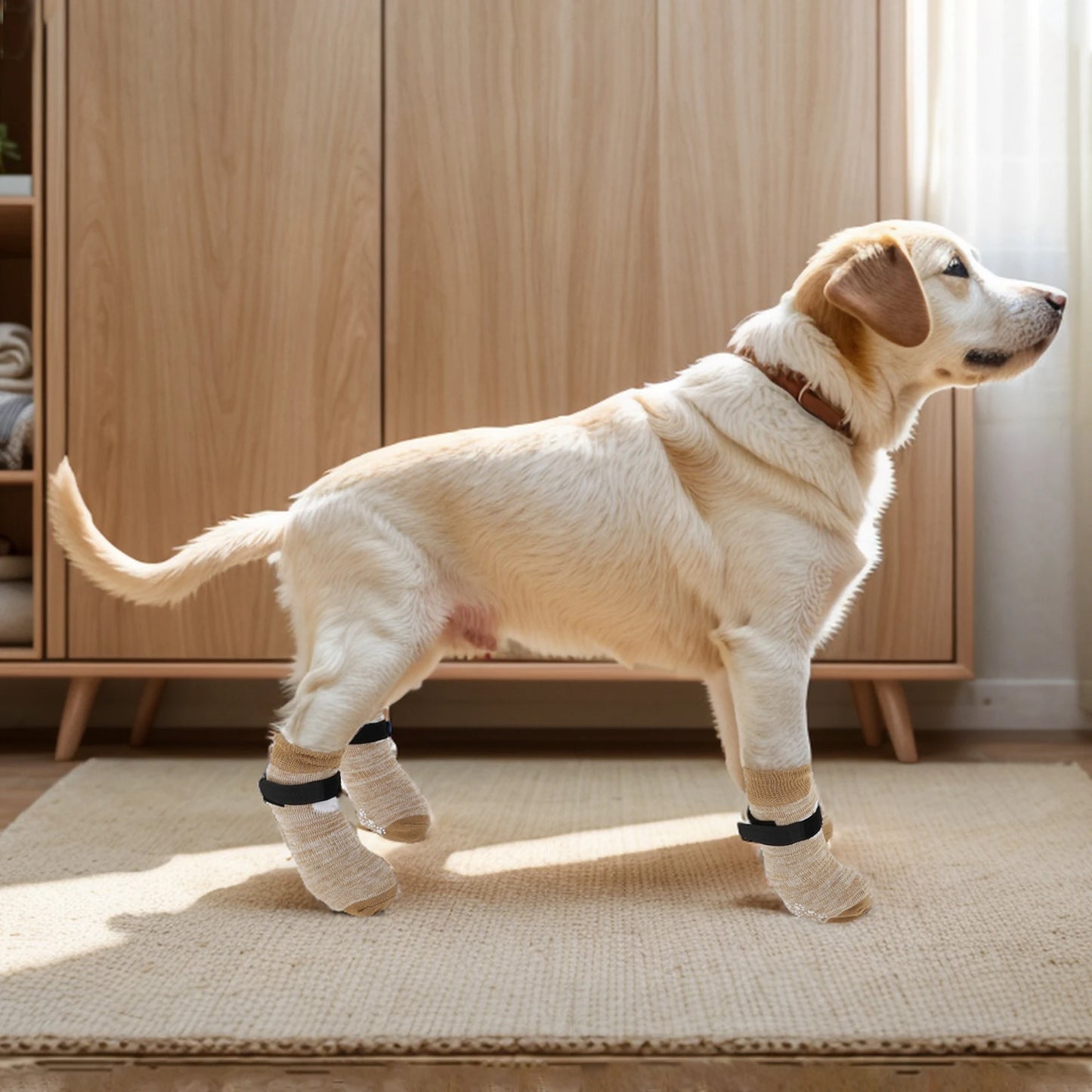 4pcs Anti-Slip Dog Socks with Adjustable Sticky Tapes Pet Socks for Puppy Dog Paw Protector Indoor Wear Dog Socks