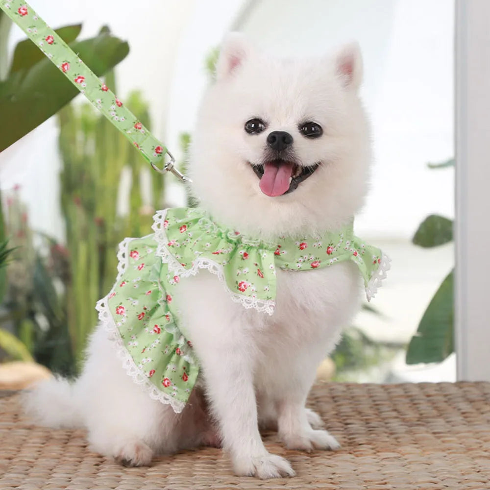 Pink Flower Puppy Harness Mesh Breathable Small Girl Dog Cat Vest Harness Cute Doggy Lace Dress Harness with Leash for Walking