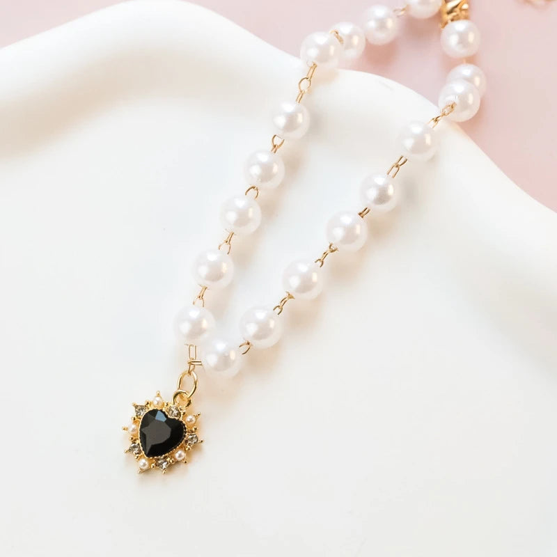 Pearl Chain Accessories for Cats Zircon Heart Pet Products Small Medium Puppy Neck Wear Wedding Birthday Gift Pet Dog Collar