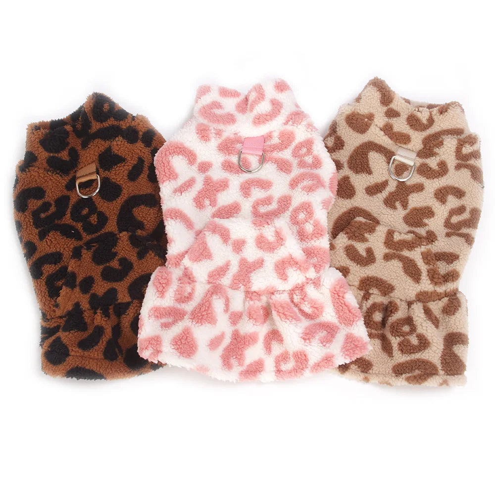 Leopard Dog Sweater Dress Fleece Puppy Dresses for Small Dogs Girl Cat Skirt Apparel Winter Warm Dog Clothes