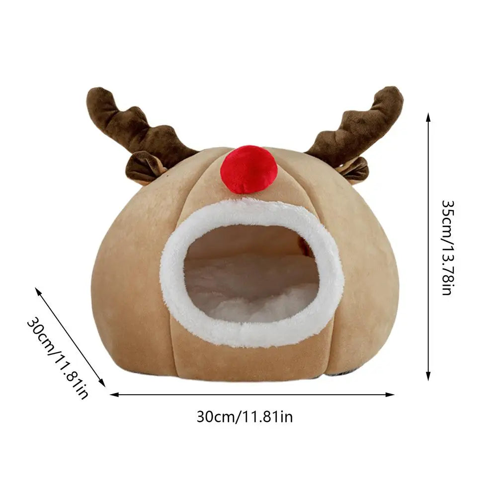 Christmas Winter Cat Cave Bed Dog Tent Christmas Reindeer Tent Washable Removable Cushion for Indoor Small Dogs And Cats