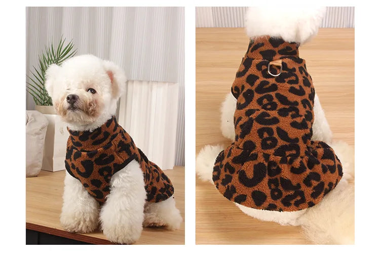 Leopard Dog Sweater Dress Fleece Puppy Dresses for Small Dogs Girl Cat Skirt Apparel Winter Warm Dog Clothes
