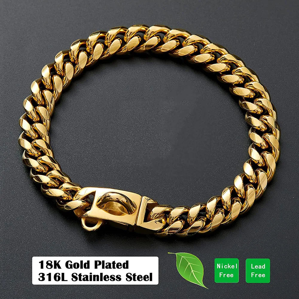 Gold Dog Chain Collar 15mm Stainless Steel Cuban Link Chain Strong Heavy Duty Chew Proof Dog Necklace with Buckle for Dogs