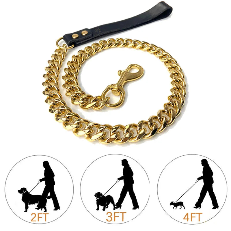 Stainless Steel Pet Gold Chain, Dog Leashes, Leather Handle, Portable Leash Rope, Straps, Puppy, Cat Training, Slip Collar Suppl