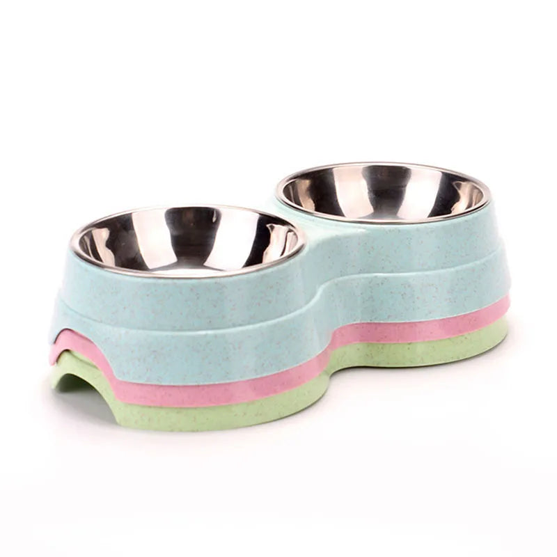 Pet Stainless Steel Bowls Double Puppy Dog Food and Water Bowls Set Cat Bowls Pet Feeder Dishes Dual Bowls for Small Dogs Cats