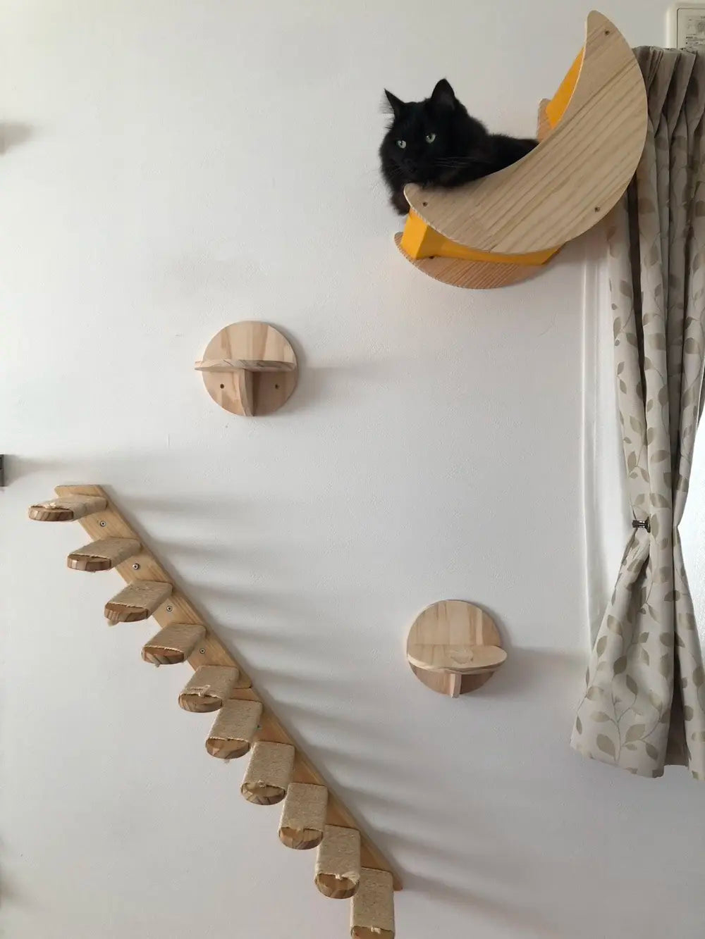 Solid Wood Wall Mounted Cat Tree Wooden Shelves Segment Ladders with Hammock and Cat House Cat Bridge for Kittens Perch Sleeping