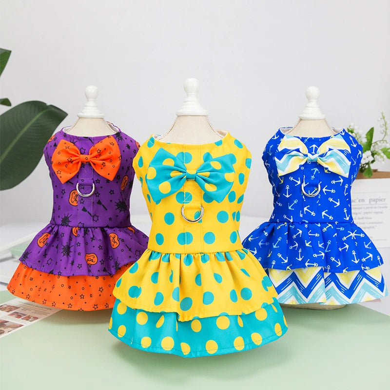 Luxury Bowknot Dog Dress for Small Dogs Summer Yorkie Chihuahua Girl Puppy Dog Clothes Princess Harness Dress and Leash Set