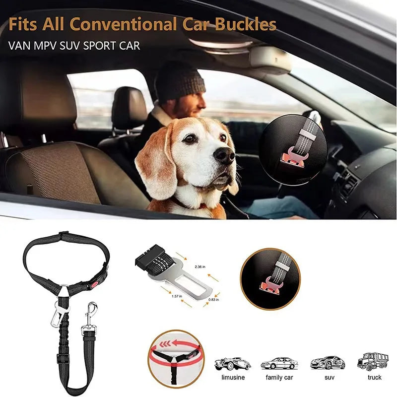 Pet car seat belt rope, circular ring, dog car retractable elastic reflective belt, dog towing rope