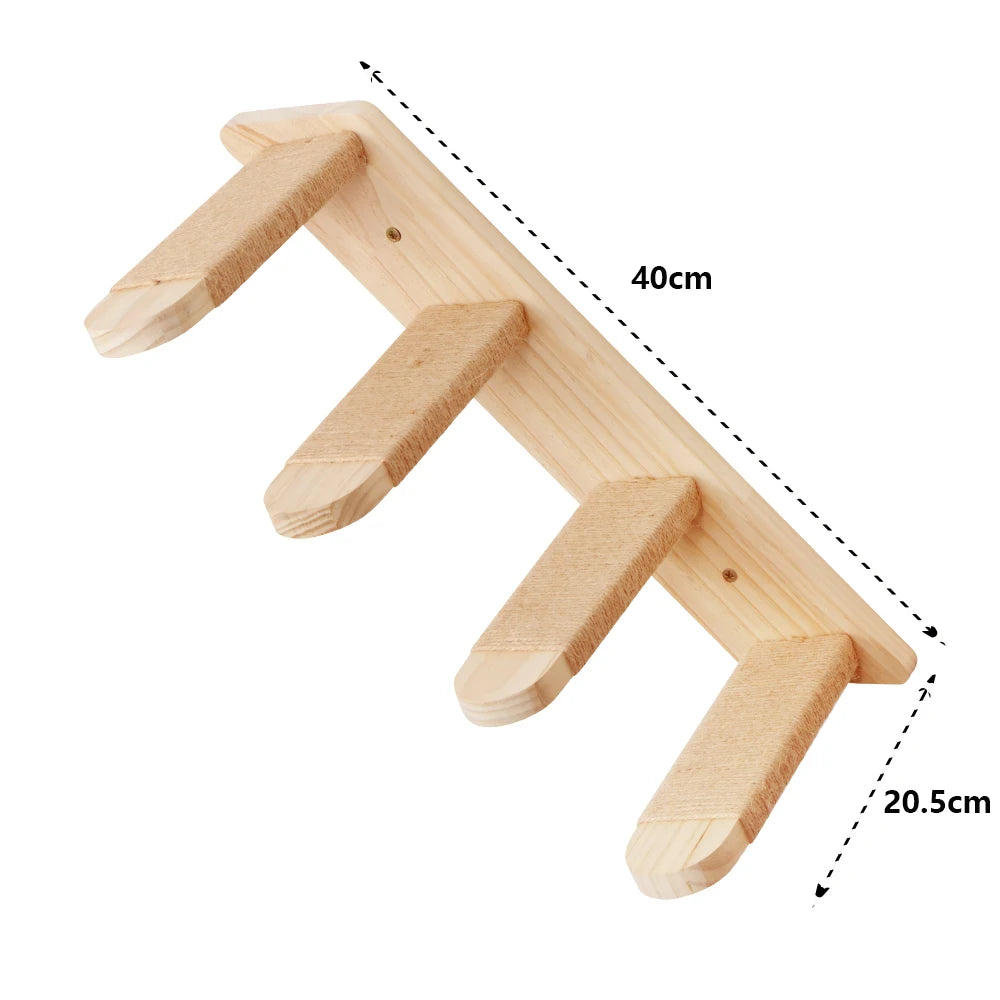 Cat Wall Climbing Shelves Wall Mounted Hammock Cat Scratching Post Wooden Stairway Shelves with Sisal Rope Ladder Wall Cat Tree