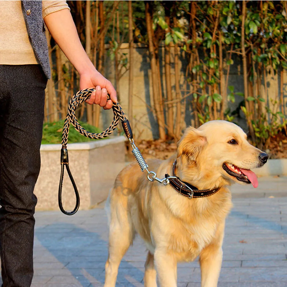 No Pull Leather Dog Leash Durable Cowhide Braided Dog Leash Buffer Spring Design for Training Walking Large and Medium Dogs Pets