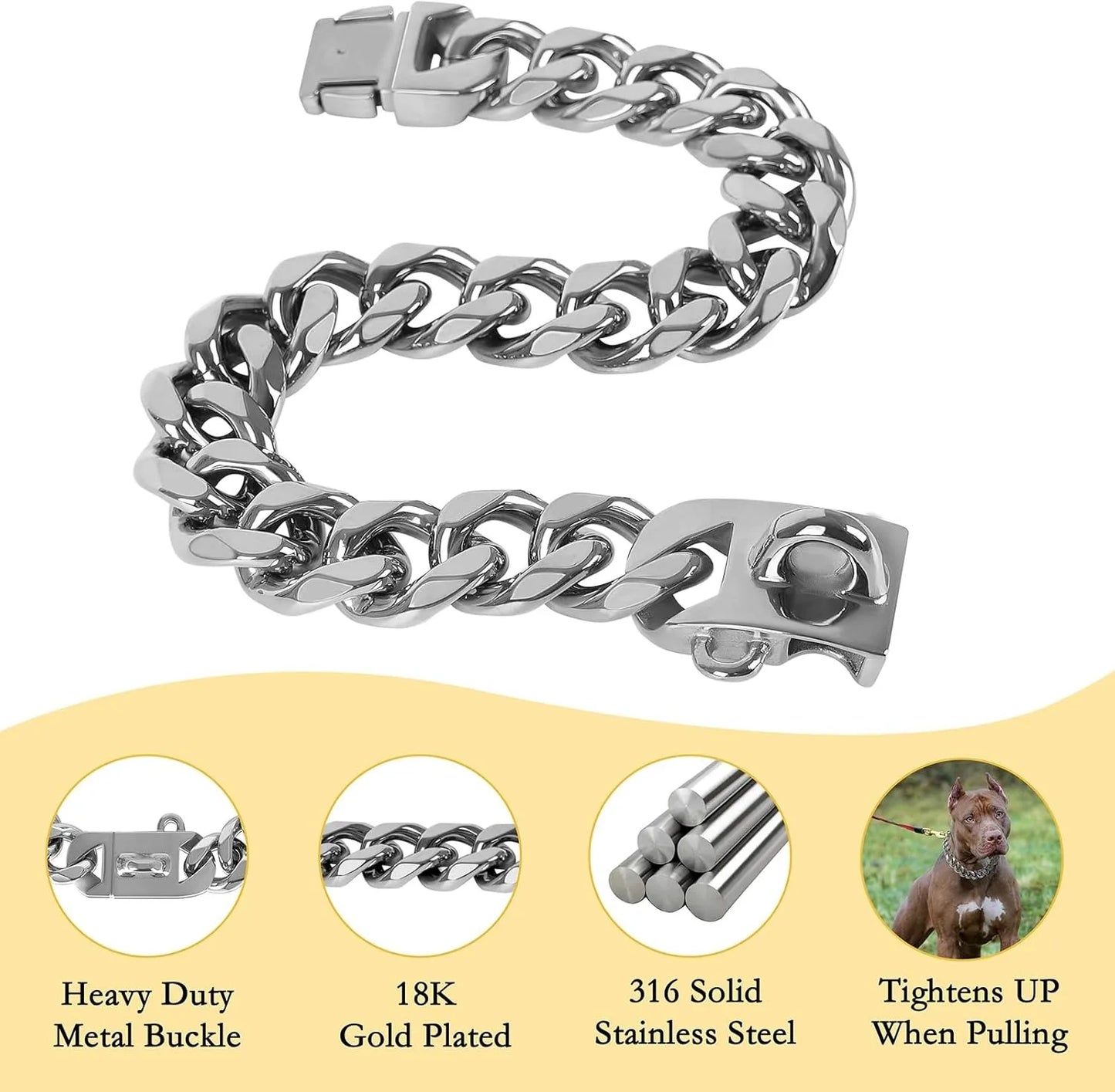 23MM Gold Chain Dog Collar Luxurious Sliver Gold Cuban Link Dog Collar with Secure Snap Buckle for Medium and Large Pit Bulls