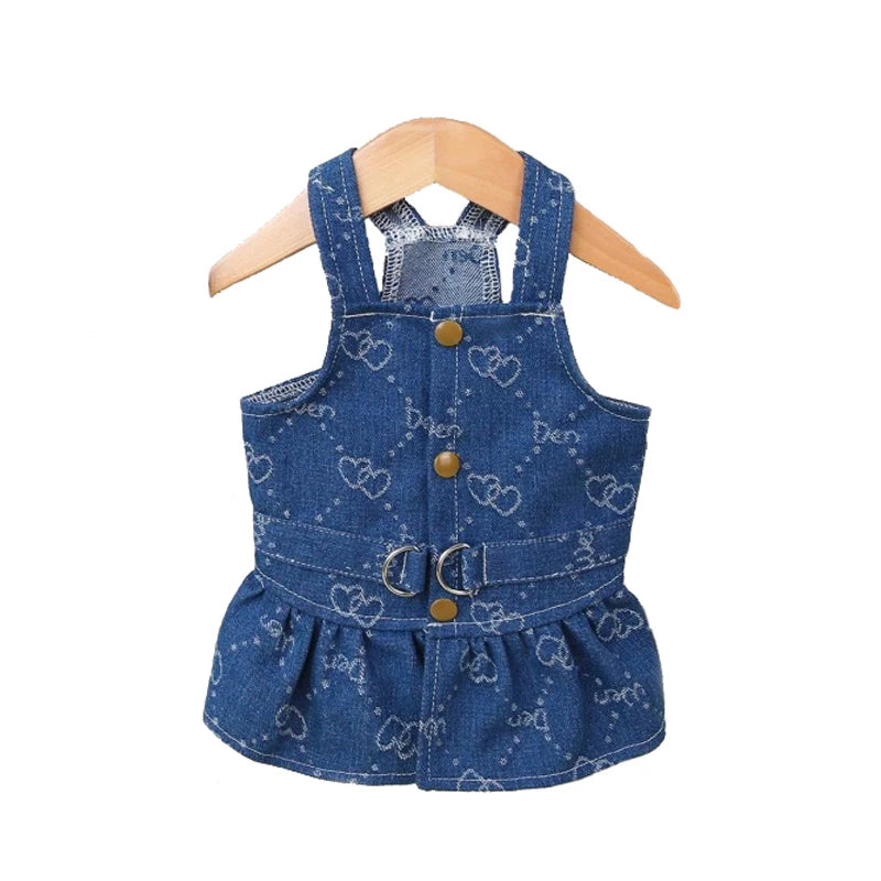 Dog Denim Dress for Small Dogs, Dark Wash Jeans Vest Tutu Skirts with Leash D-ring,Summer Clothes Yorkie Chihuahua Pet Apparel
