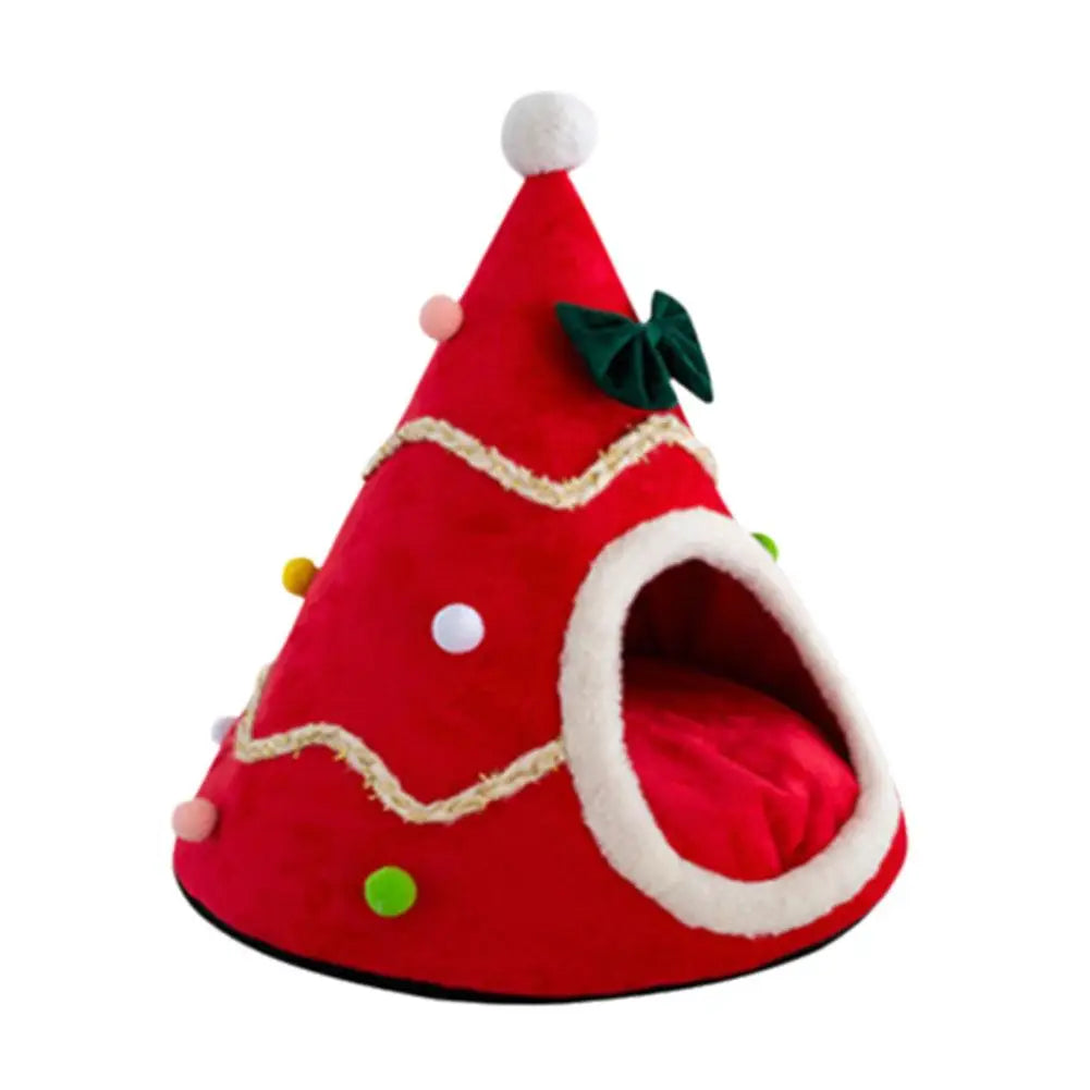 Christmas Hat Shape Creative Pet Bed Soft Plush Winter Semi-enclosed Cute Cat And Dog Bed Warm Comfortable 45cm Mini Bed Tent