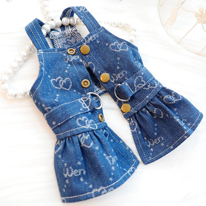 Dog Denim Dress for Small Dogs, Dark Wash Jeans Vest Tutu Skirts with Leash D-ring,Summer Clothes Yorkie Chihuahua Pet Apparel
