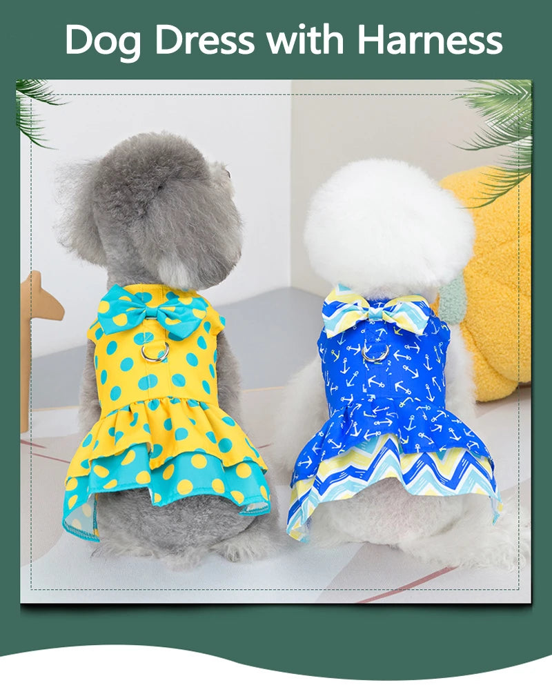 Luxury Bowknot Dog Dress for Small Dogs Summer Yorkie Chihuahua Girl Puppy Dog Clothes Princess Harness Dress and Leash Set