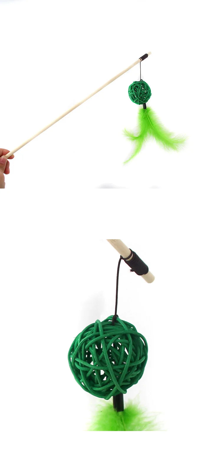 Cat Toy Cat Teaser Sticks Rattan Ball Funny Cat Stick Cat Supplies Funny Cat Ball Toy Interactive Nibbling Cat Rod Feathers