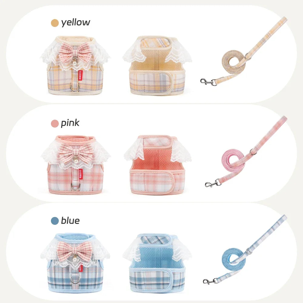 Sweet Plaid Puppy Dog Harness with Bow Walking Pet Harnesses and Leash Set for Small Dogs Schnauzer Poodle mascotas Accessories