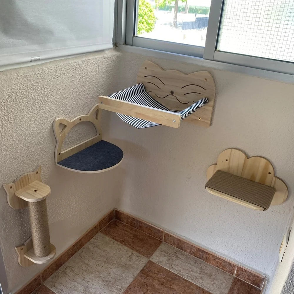 Cat Tree Cat Wall Mounted Climbing Wooden Shelves Sisal Ladder Cat Bridge Non-slip Step with Felt for Kittens Perch Sleeping