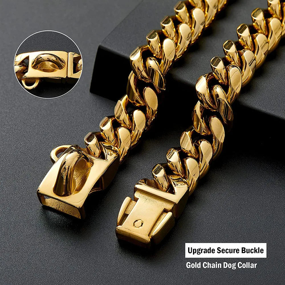 Gold Dog Chain Collar 15mm Stainless Steel Cuban Link Chain Strong Heavy Duty Chew Proof Dog Necklace with Buckle for Dogs
