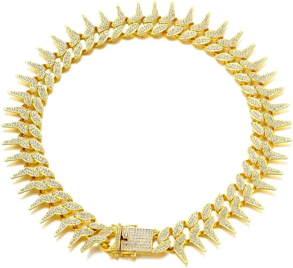 13mm Bling Diamond Chain Dog Cat Collar with Spiked Rivet Design, Luxury Gold Cuban Link Dog Collar for Small Medium Large Dogs
