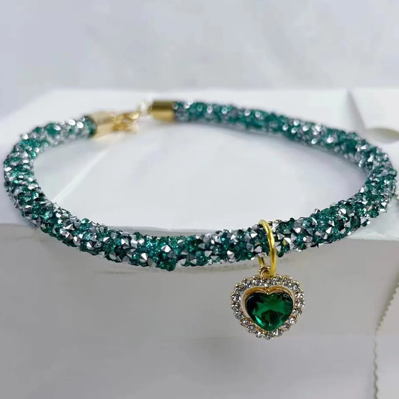 Soft Puppy Cat Collar with Heart Diamond Pendant Adjustable Luxury Reflective Bling Rhinestone Collar Crystal for Cats Small Dog