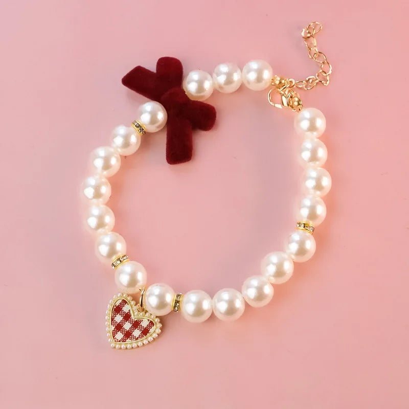 Plaid Heart Pet Dog Collars Chihuahua Jewelry Necklace for Pets Adjustable Kitten Pearl Neck Wear Medium Dog Cats Pet Products