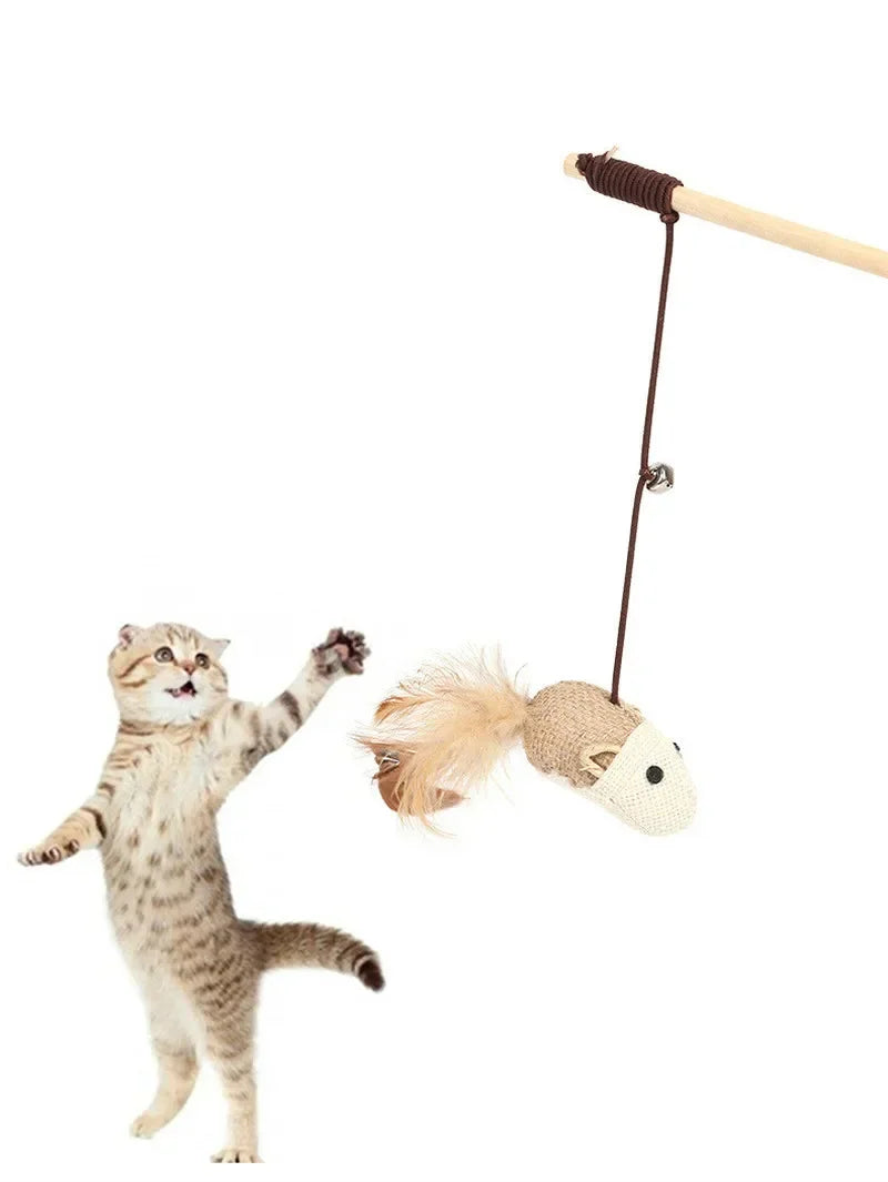 40cm Pet Cat Teaser Toys Feather Linen Wand Cat Catcher Teaser Stick Cat Interactive Toys Wood Rod Mouse Toy with Mini Bell