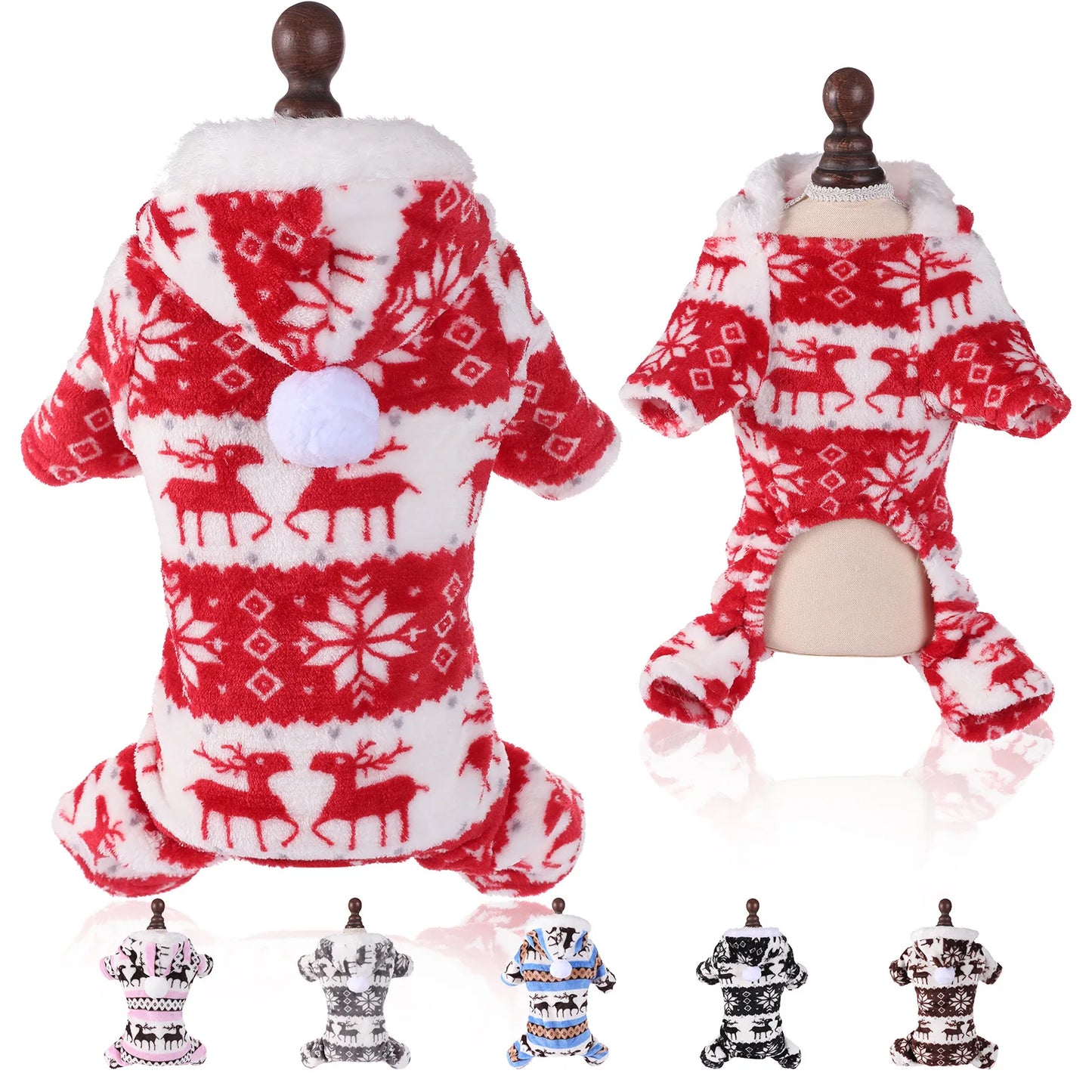 Thermal Coral Fleece Christmas Dog Pajamas Onesie for Small Medium Large Dogs, Reindeer Print Winter Dog Clothes Hooded Jumpsuit