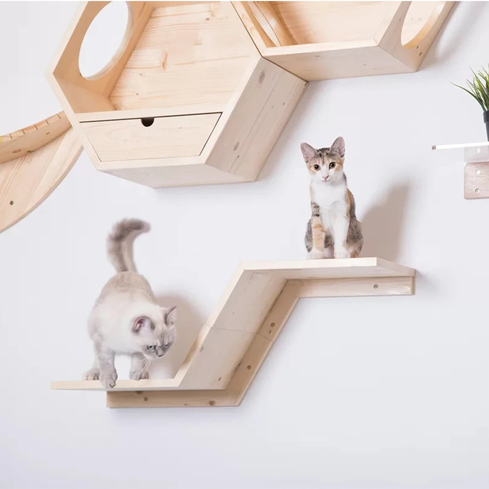Cat Tree Wall Mounted Climbing Shelves Wooden Hammock with Ladder and Cats Perch Sleeping Pet Indoor Playground Pet Furniture