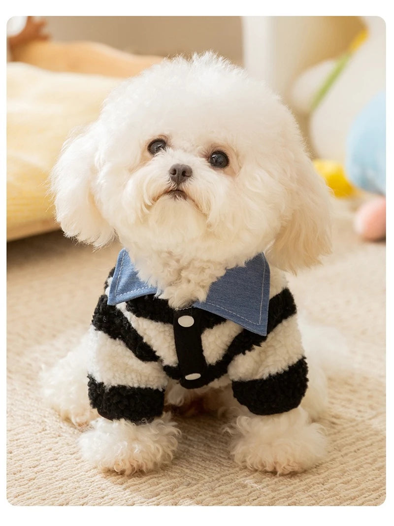 Velvet Warm Pet Cat Sweatshirts Chihuahua Half Sleeve Denim Collar Designer Striped Puppy Winter Clothes Soft Overalls for Yorks