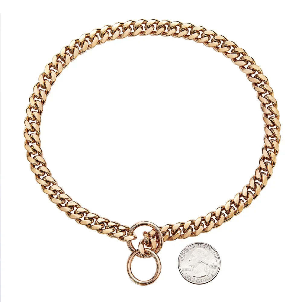 Gold Chain Dog Collar 10mm Fashion Dog Cuban Link Pet Gold Necklace Metal Puppy Jewelry Bulldog P Chain Pet Training Slip Collar