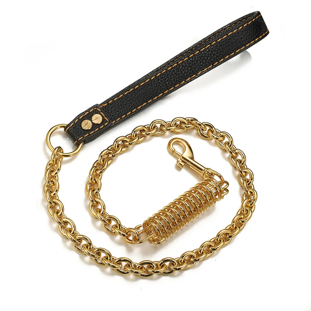 Stainless Steel Dog Chain Leash Cuban Link Luxury Gold Chain Buffer Spring Labor-Saving Genuine Leather Handle for Large Dogs