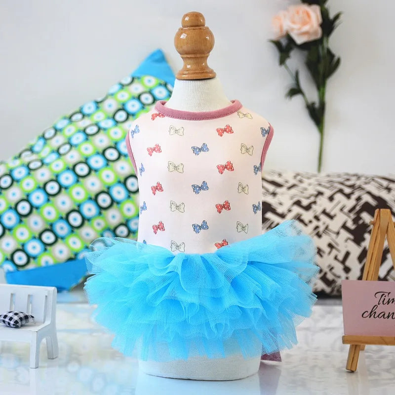 2024 Hot Pet Summer Tutu Skirt Bow Printed Mesh Fashion Petticoat Skirt Small Dog costume Teddy Summer Two Legged Clothes Thin