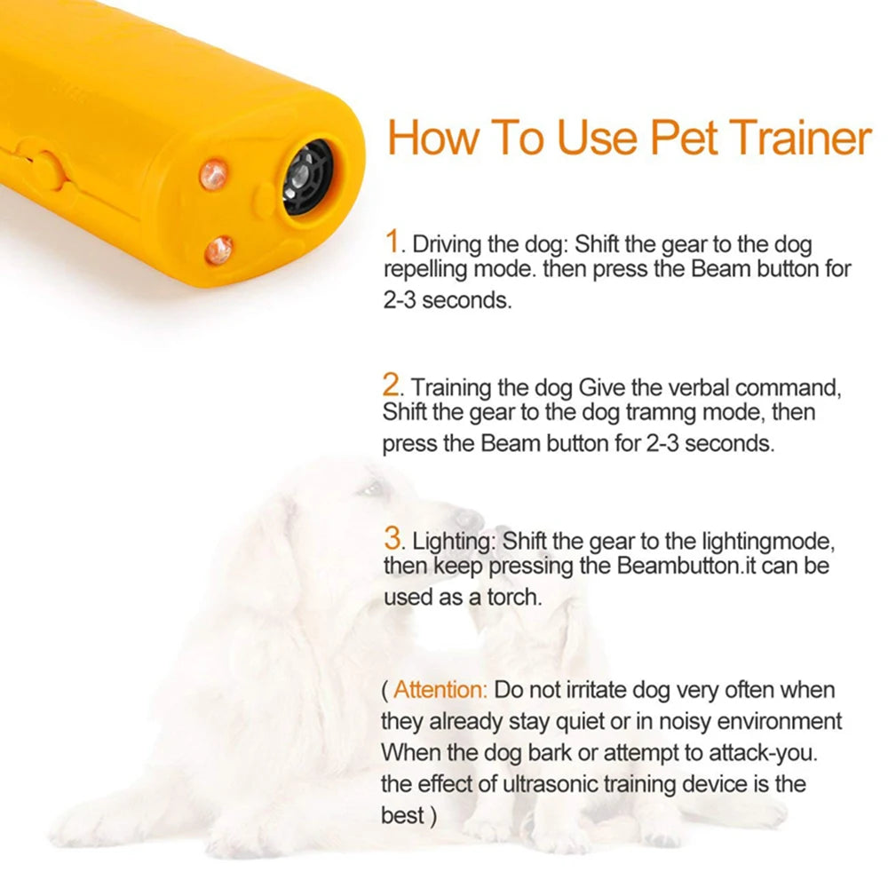 3 in 1 Dog Anti Barking Device Ultrasonic Dog Repeller Stop Bark Deterrents Pet Control Training Supplies with LED Flashlight