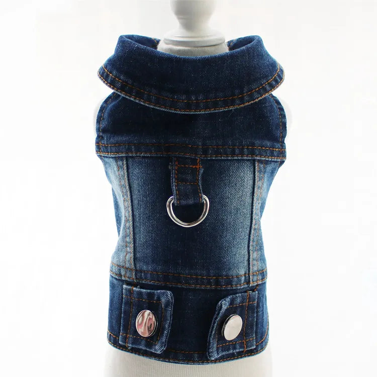 Dark Washed Dog Denim Jacket for Small Medium Dogs, Puppy Sleeveless Jeans Coat with D Ring Chihuahua Yorkie Clothes Pet Apparel