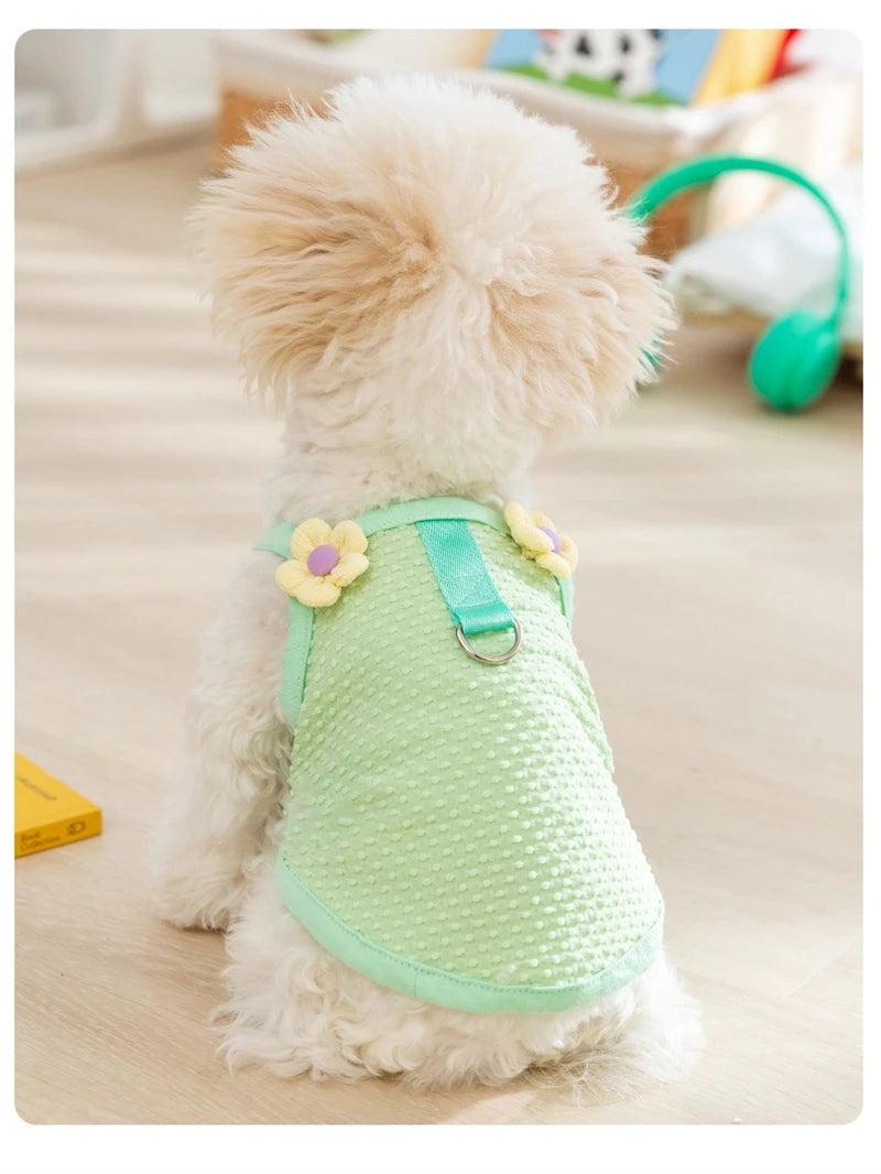 Sweet Flower Decorate Puppy Summer Clothes Breathable Unisex Small Chihuahua Pet Cat Vest Walking Leash T Shirt for York Dogs