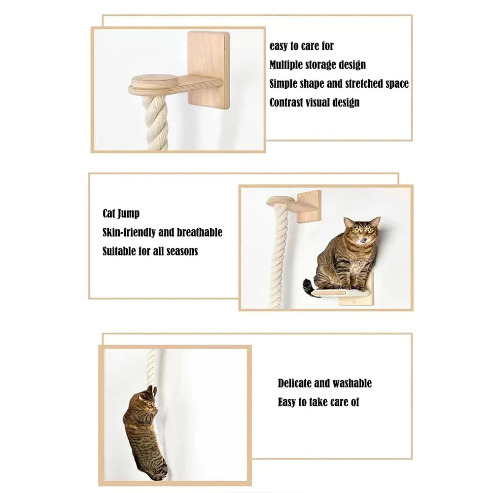 Cat Climbing Shelf Furniture Wall Mounted Cat Hammock and Wooden Stairway with Scratching Post for Cats Indoor Playing and Rest