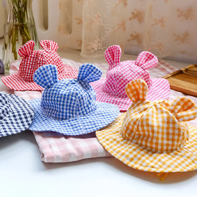 Pastoral Style Plaid Cat Hat Cute Ears Sunshade Cap for Dogs Summer Pet Headwear Unisex Outdoor Hats Chihuahua Dogs Accessories