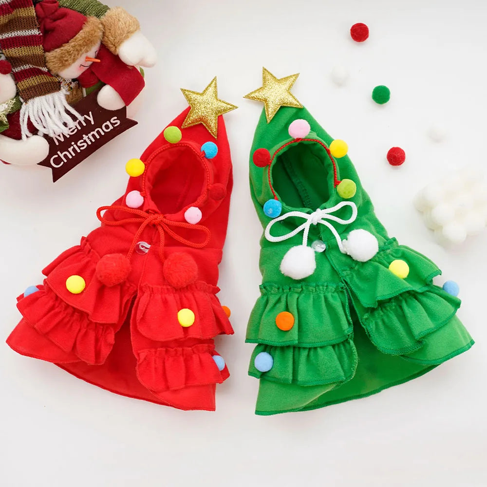 Pet Cat Dog Christmas Costumes Xmas Cloak with Stars and Pompons Christmas Cape Festive Pet Apparel Clothing for Small Dogs Cats