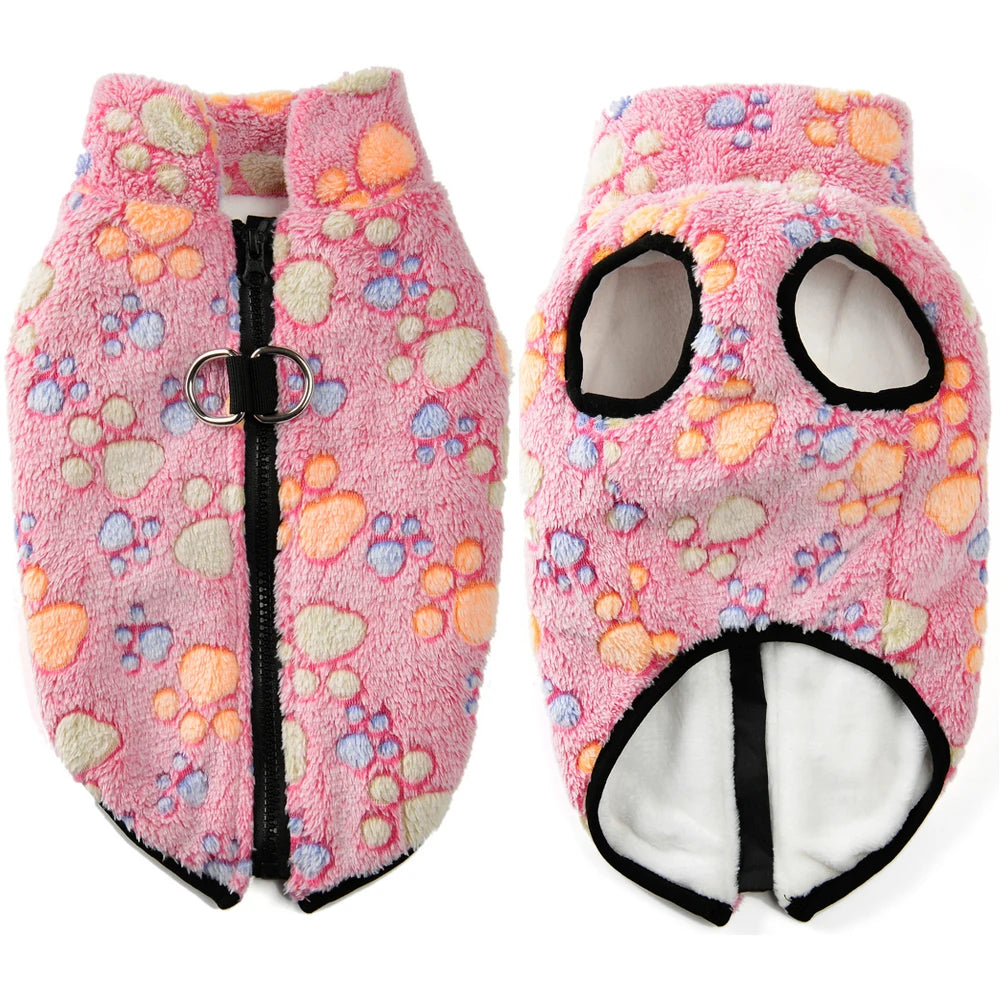 Fleece Dog Clothes Winter Warm Puppy Jacket For Small Dogs Cats Sweater Coat With Zipper D Ring Cute Print Chihuahua Pet Outfits