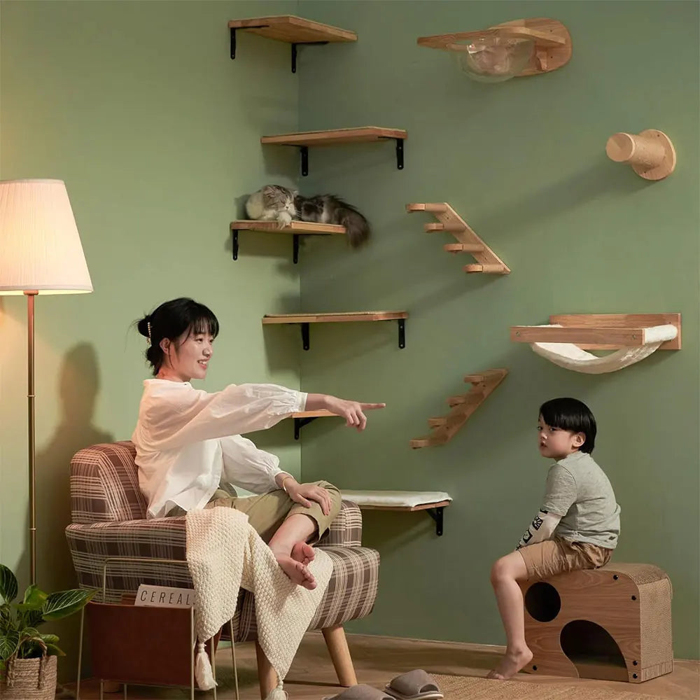 1PC Wall Mounted Cat Climbing Shelf Cat Sisal Wooden Ladder Bridge with Hammock and Jumping Platform for Kitten Playing and Rest