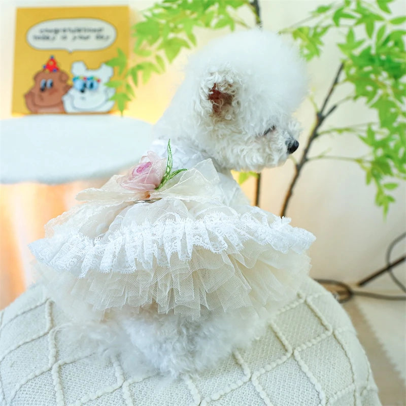 Sweet Princess Female Puppy Summer Clothes Wedding Party Dress for Dogs White Lace French Bulldog Small Medium Pet Cat Clothing