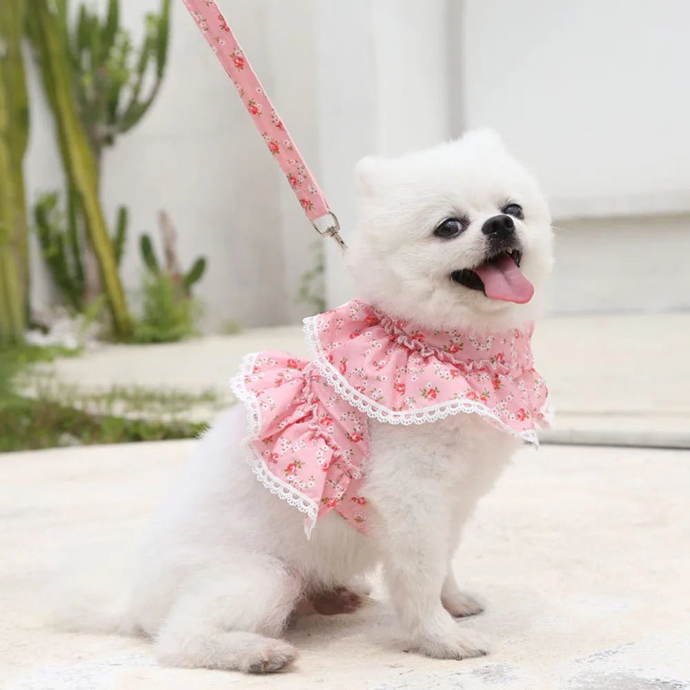 Pink Flower Puppy Harness Mesh Breathable Small Girl Dog Cat Vest Harness Cute Doggy Lace Dress Harness with Leash for Walking