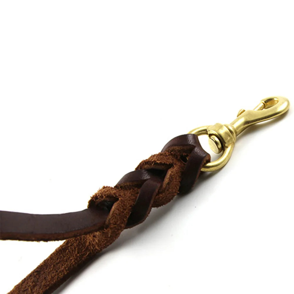 Braided Leather Dog Leash with Traffic Handle Two Handles Leather Dog Leash Leads for Training Bulldog Pit-bull Pet Dog Supplies