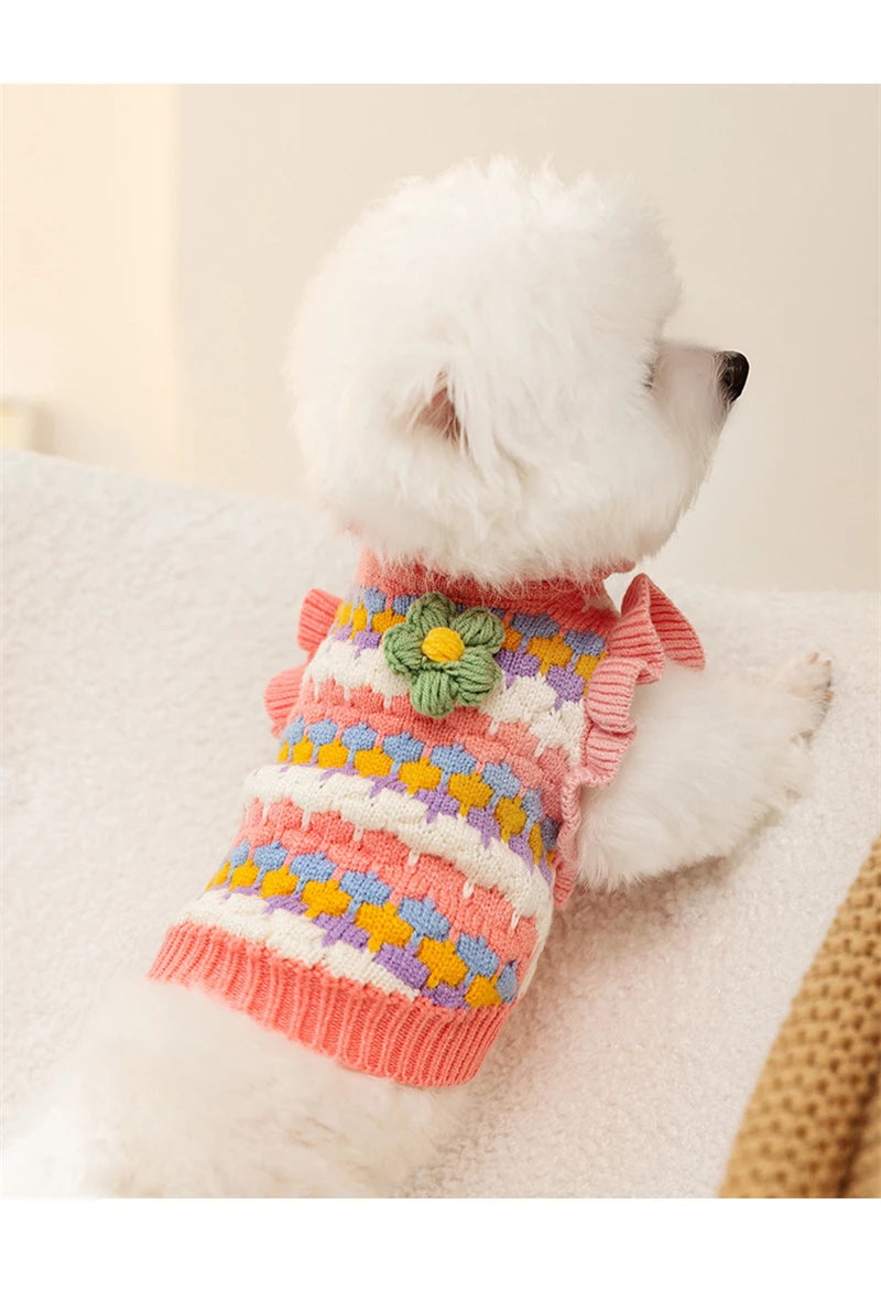 Knitted Flower Pet Dog Sweaters Orange Winter Warm New Year Clothing for French Bulldog Outfits Fancy Small Puppy Overalls