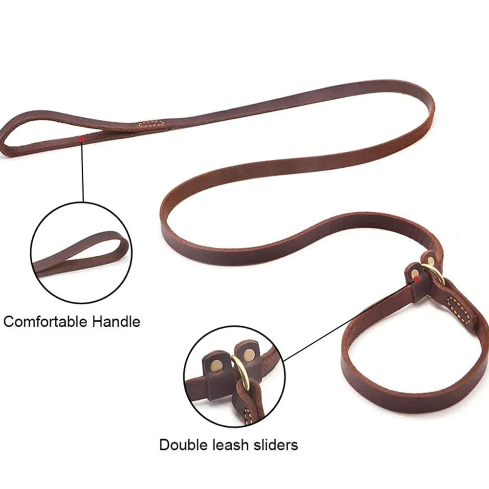 Pet Dog Flat Slip Lead British Style Durable Real Leather Dog Leash Smooth Adjustable Dog Slip Loop Lead for Walking & Showing