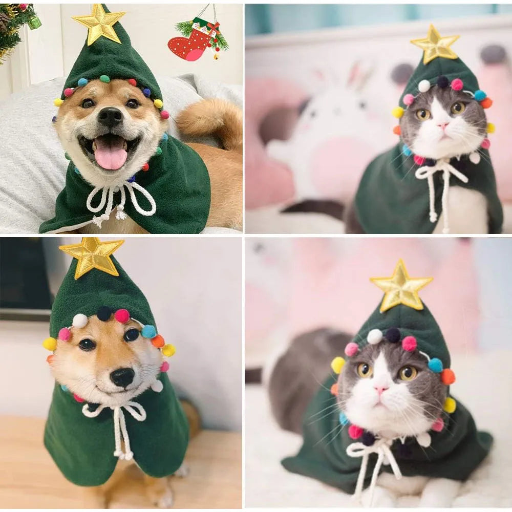 Pet Cat Dog Christmas Costumes Xmas Cloak with Stars and Pompons Christmas Cape Festive Pet Apparel Clothing for Small Dogs Cats