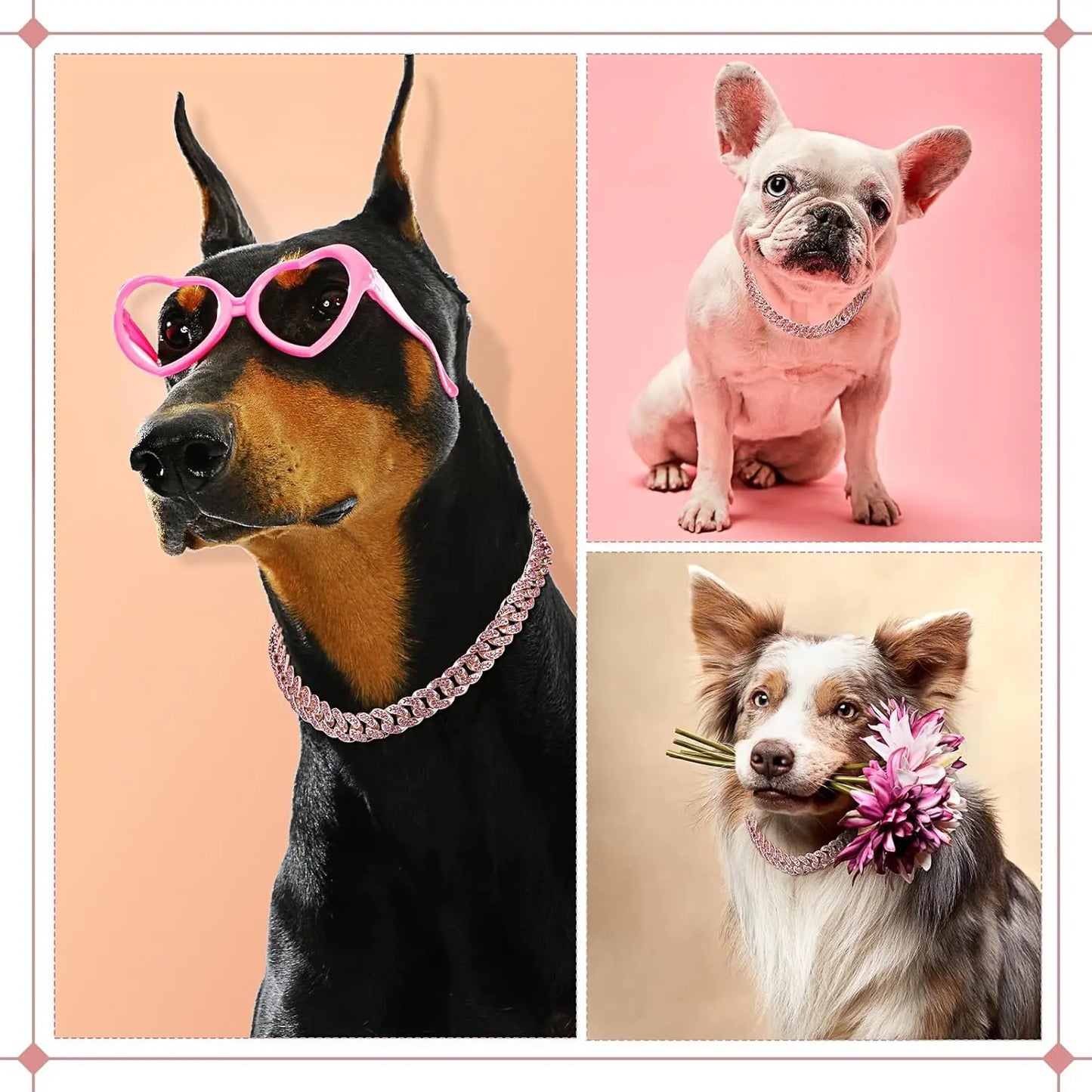 Dog Chain Collar Pink Diamond Cuban Link Necklace Metal Cat Chain Pet Crystal Collar Jewelry Accessories for Dogs Cats