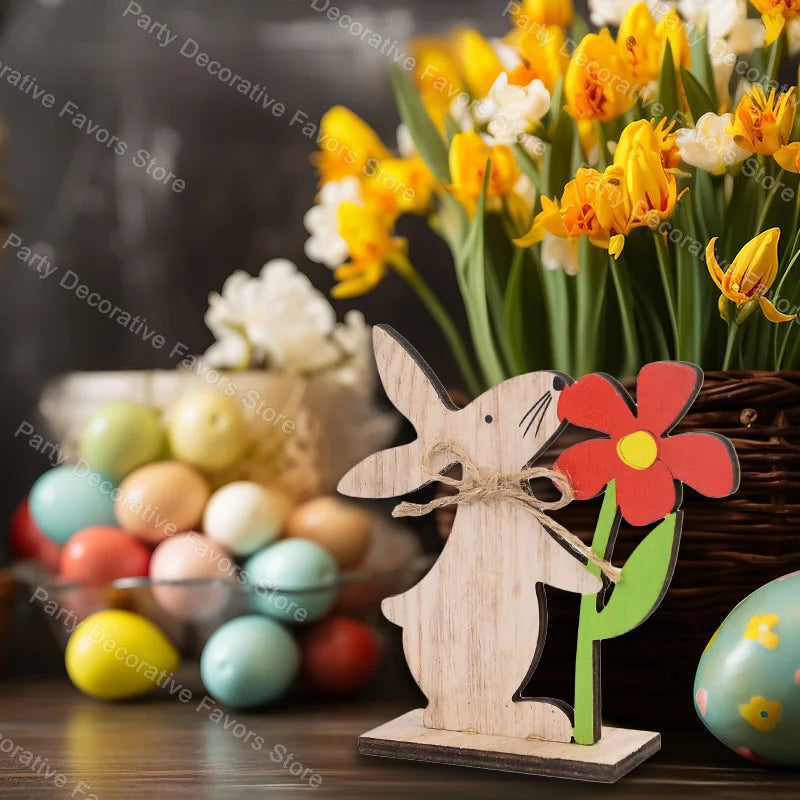 2025 Easter Wooden Rabbit Ornaments Standing Bunny with Flower for Spring Easter Party Home Table Decoration DIY Crafts Supplies